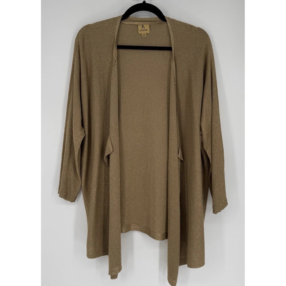Kasper Waterfall Cardigan Gold Metallic Medium Women's Elegant Luxury Holiday